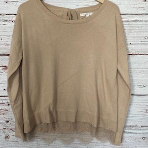 Womens Lauren Conrad Tan Sweater with lace trim ties at neck Large